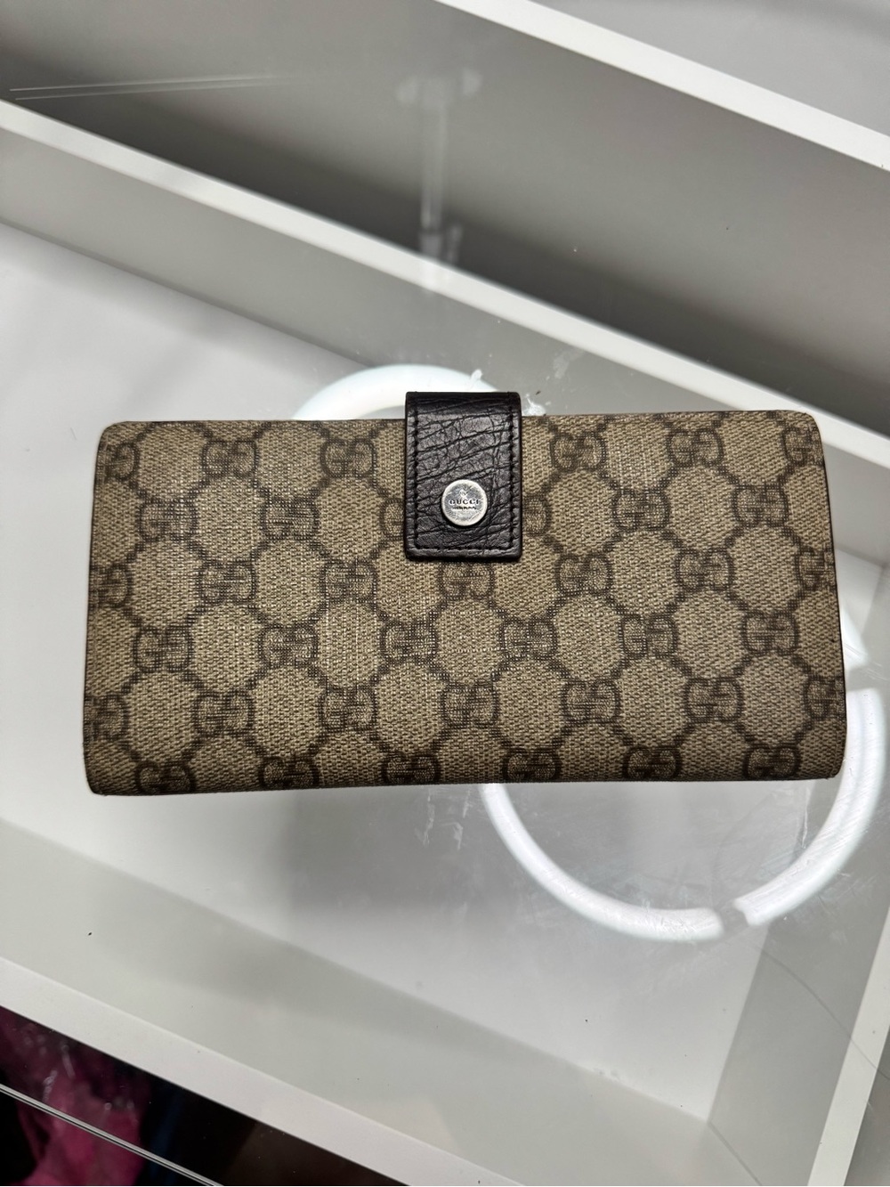 Gucci Beige/Brown GG Supreme Continental Wallet with Dark Brown Leather Tab